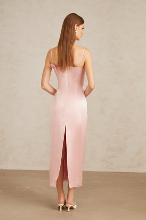 Aurohaya Ida Pink Floral Satin Midi Dress