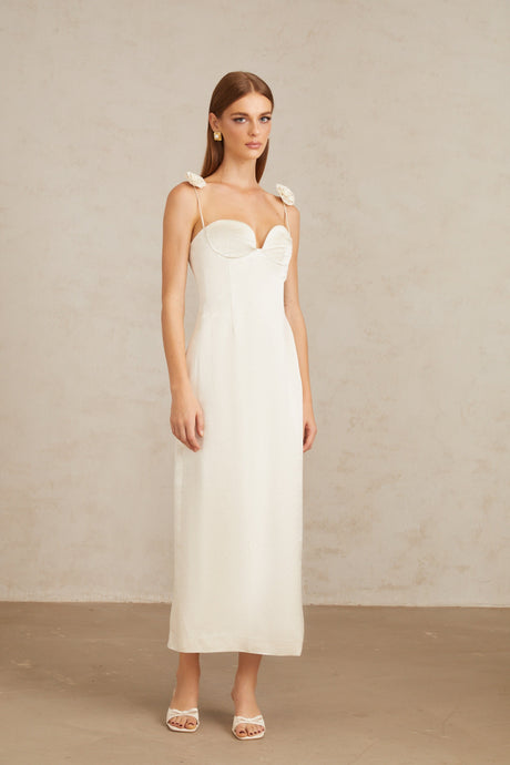 Aurohaya Ida White Floral Satin Midi Dress