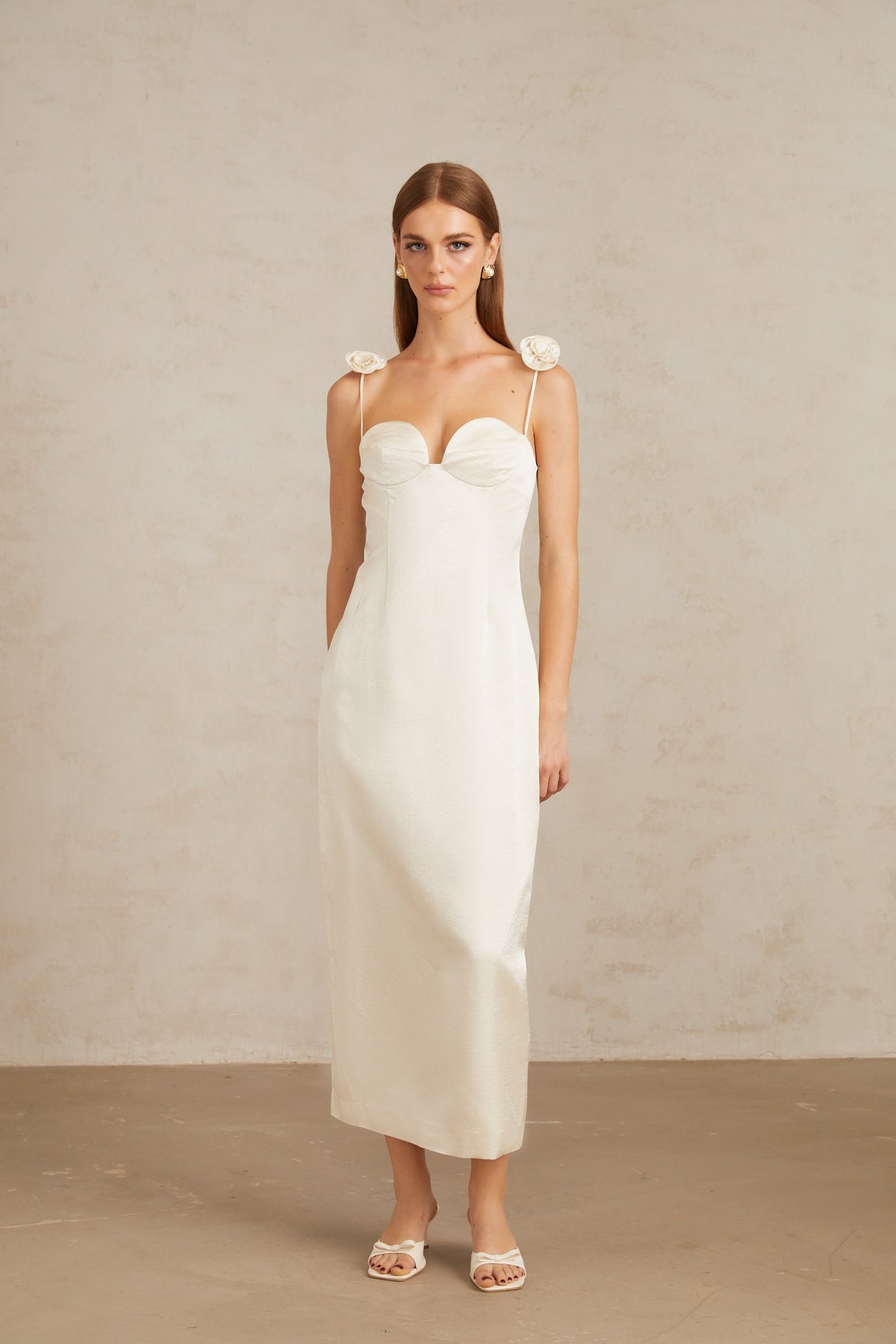 Aurohaya Ida White Floral Satin Midi Dress