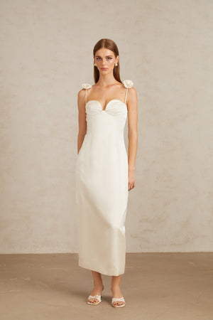 Aurohaya Ida White Floral Satin Midi Dress