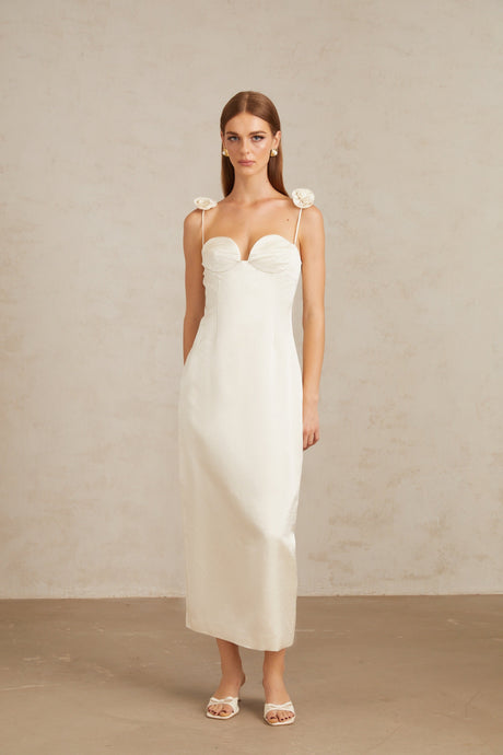 Aurohaya Ida White Floral Satin Midi Dress