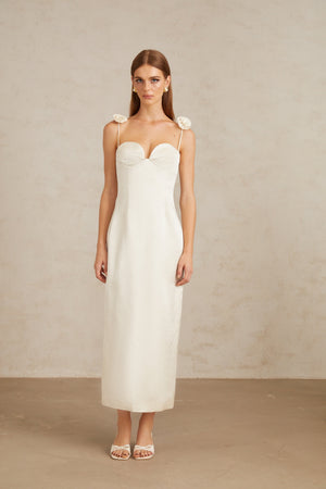 Aurohaya Ida White Floral Satin Midi Dress