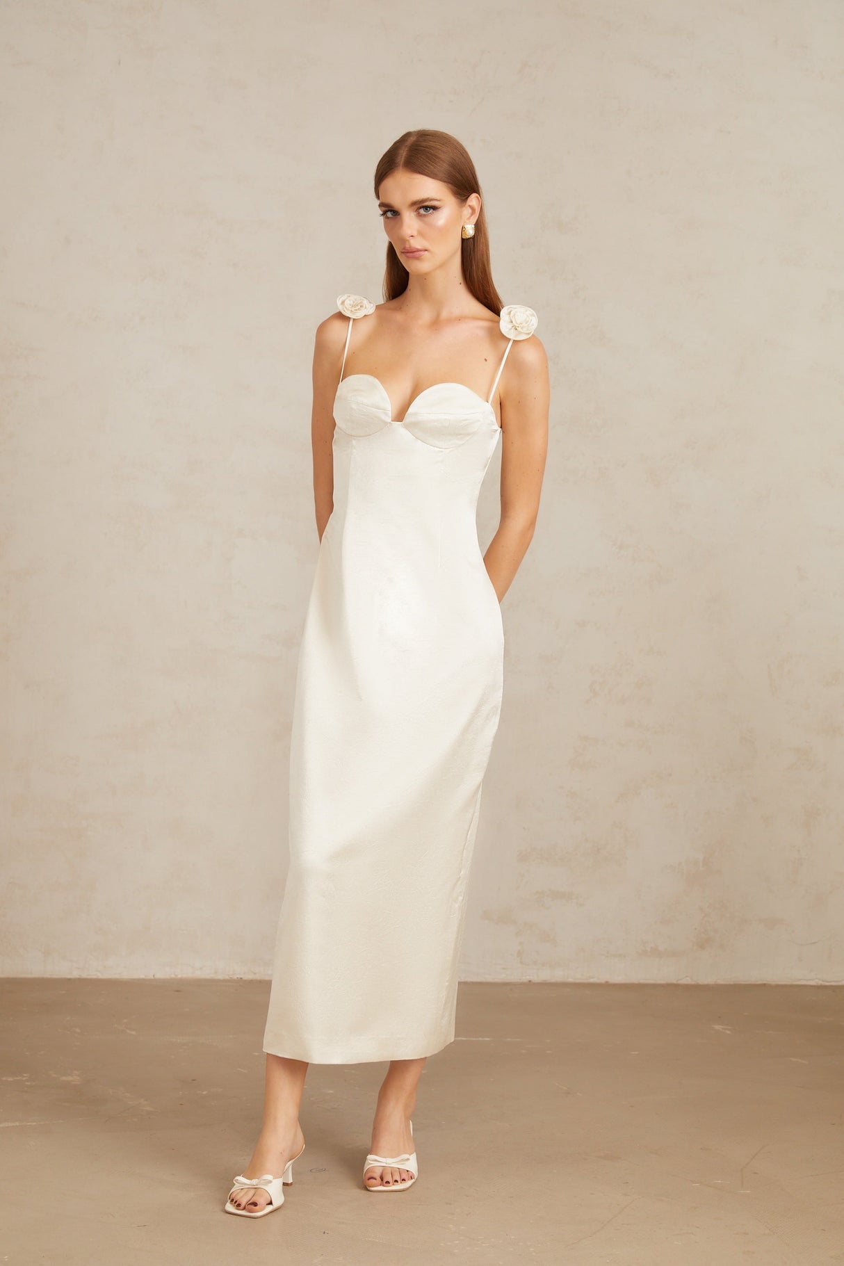 Aurohaya Ida White Floral Satin Midi Dress