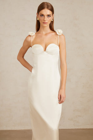 Aurohaya Ida White Floral Satin Midi Dress