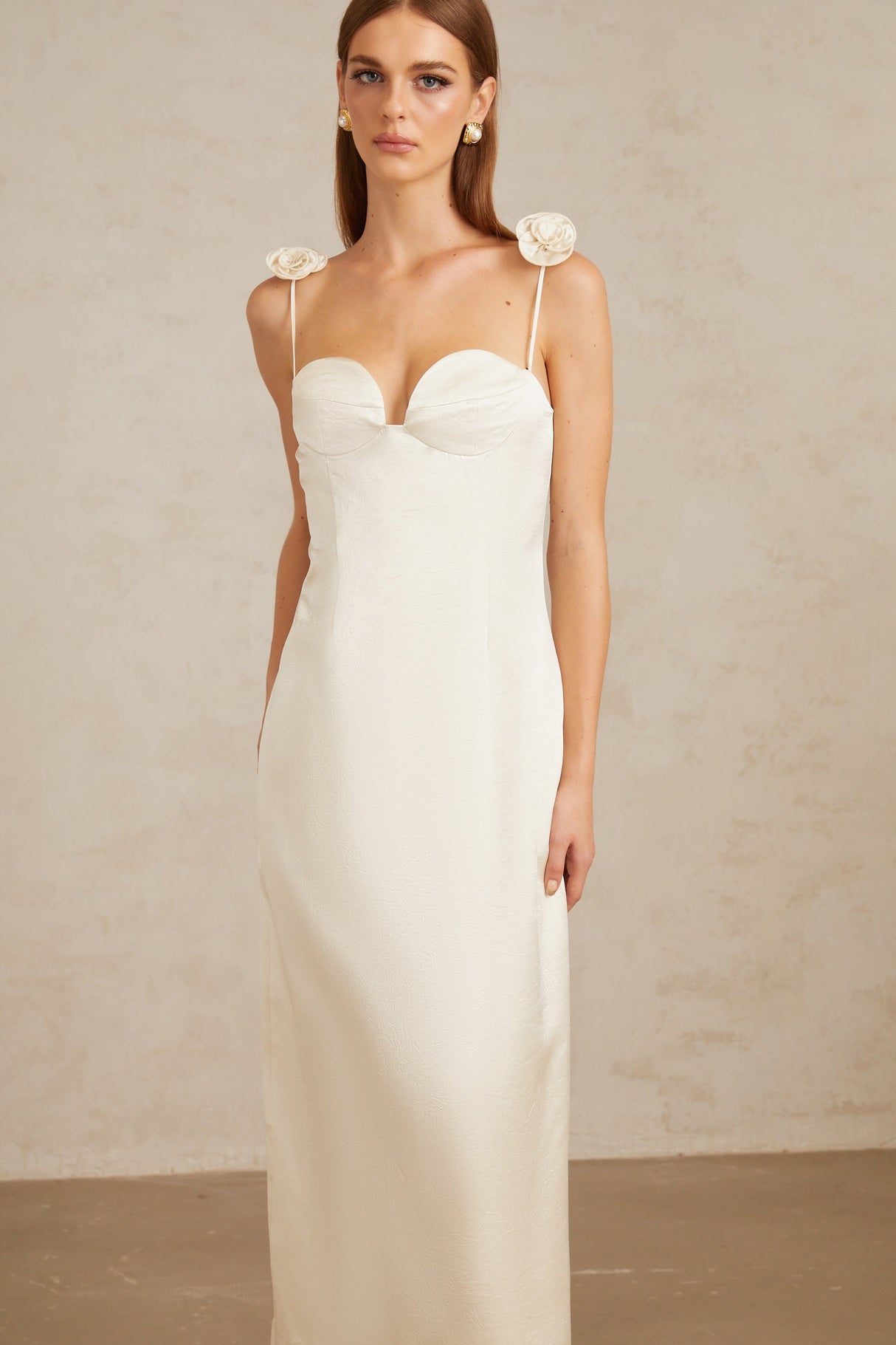 Aurohaya Ida White Floral Satin Midi Dress