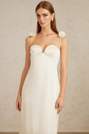 Aurohaya Ida White Floral Satin Midi Dress