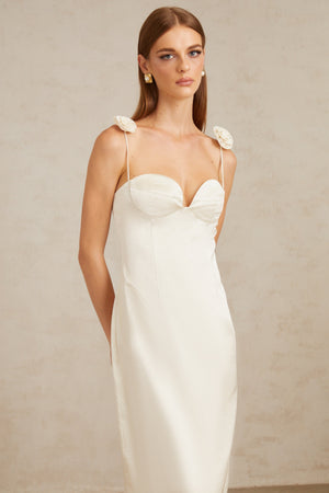 Aurohaya Ida White Floral Satin Midi Dress