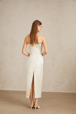 Aurohaya Ida White Floral Satin Midi Dress