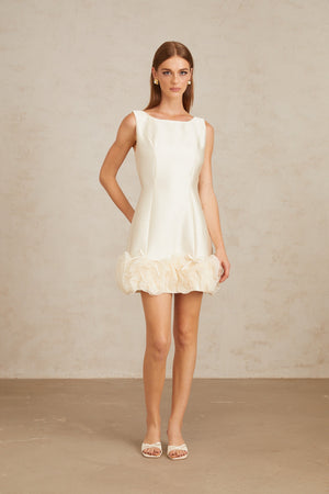 Aurohaya Caméo Cream White Tulle Panel Floral Mini Dress