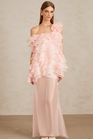 Aurohaya Rosalie Pink Layered Ruffled Floral Dress & Skirt Set