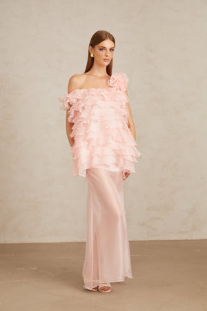 Aurohaya Rosalie Pink Layered Ruffled Floral Dress & Skirt Set