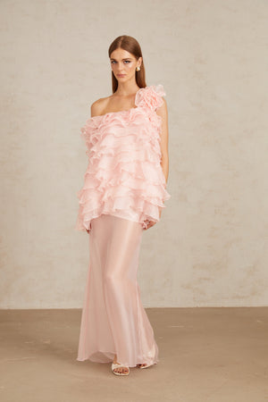 Aurohaya Rosalie Pink Layered Ruffled Floral Dress & Skirt Set