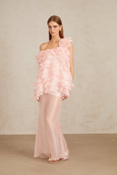 Aurohaya Rosalie Pink Layered Ruffled Floral Dress & Skirt Set