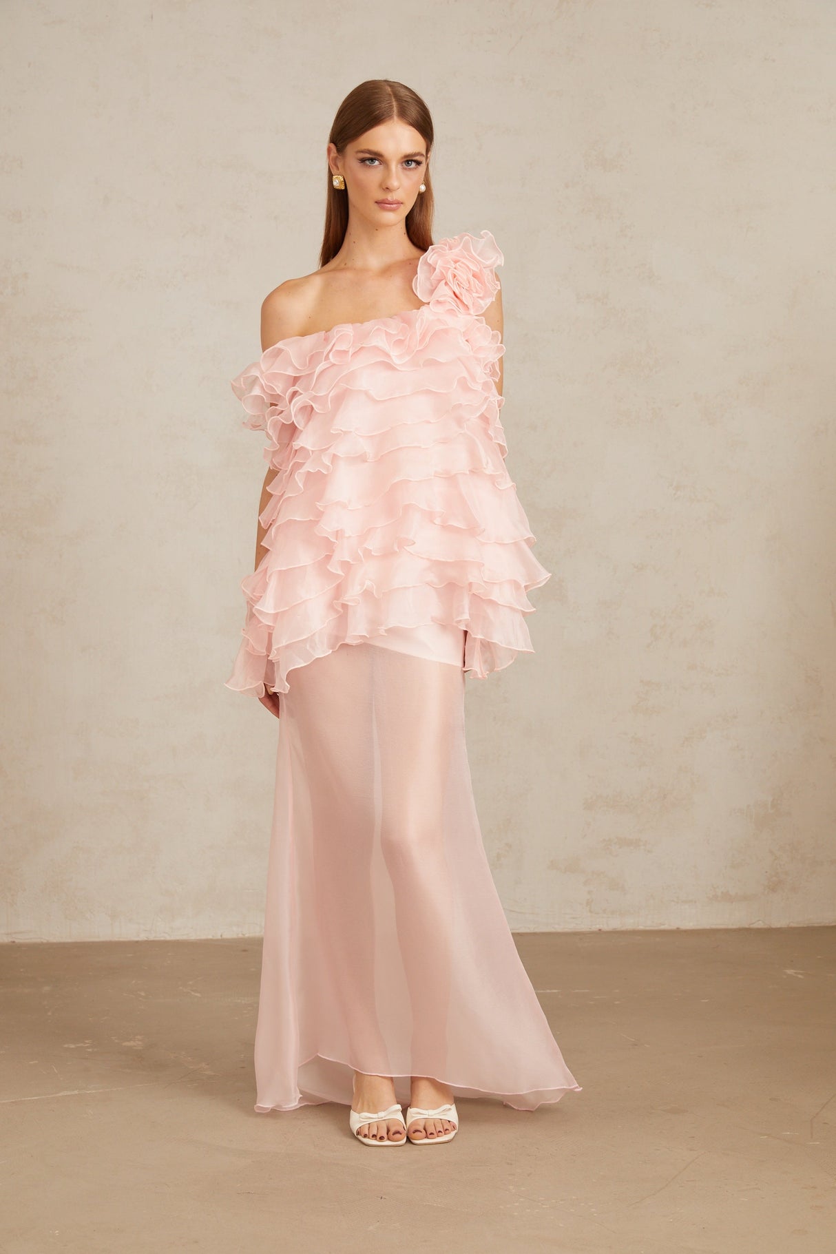Aurohaya Rosalie Pink Layered Ruffled Floral Dress & Skirt Set
