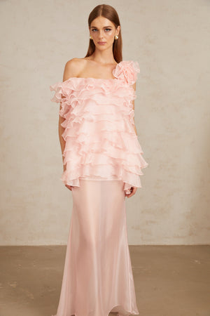 Aurohaya Rosalie Pink Layered Ruffled Floral Dress & Skirt Set