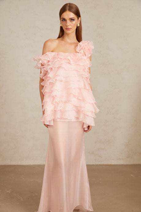 Aurohaya Rosalie Pink Layered Ruffled Floral Dress & Skirt Set