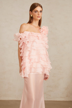 Aurohaya Rosalie Pink Layered Ruffled Floral Dress & Skirt Set