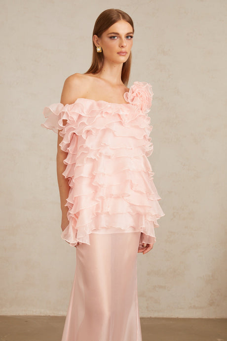 Aurohaya Rosalie Pink Layered Ruffled Floral Dress & Skirt Set