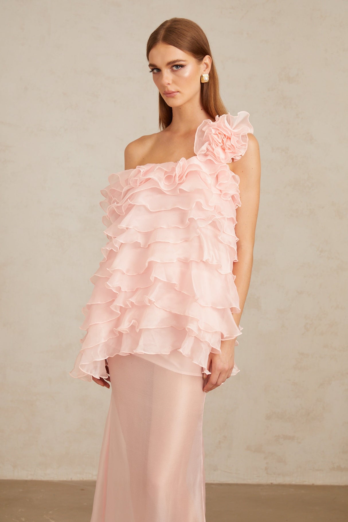 Aurohaya Rosalie Pink Layered Ruffled Floral Dress & Skirt Set