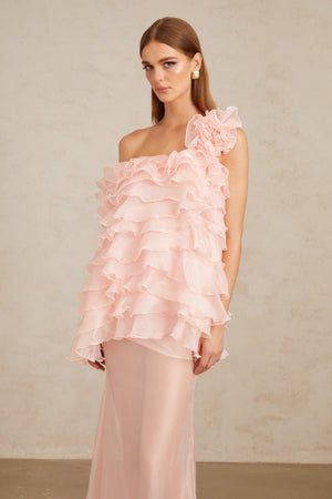 Aurohaya Rosalie Pink Layered Ruffled Floral Dress & Skirt Set