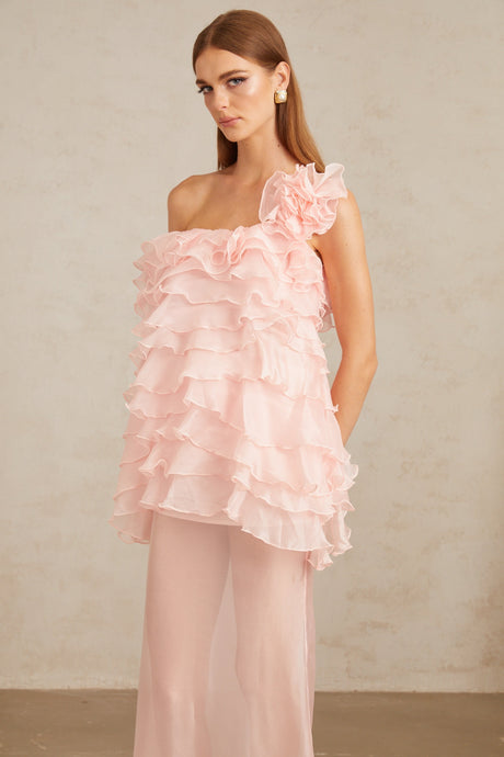 Aurohaya Rosalie Pink Layered Ruffled Floral Dress & Skirt Set