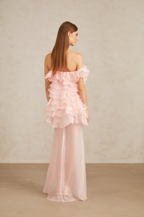 Aurohaya Rosalie Pink Layered Ruffled Floral Dress & Skirt Set
