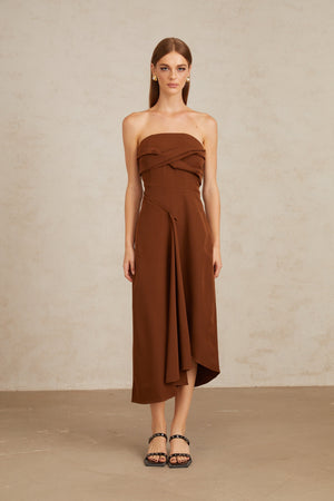 Aurohaya Kyliegh Brown Asymmetrical Off-Shoulder Midi Dress
