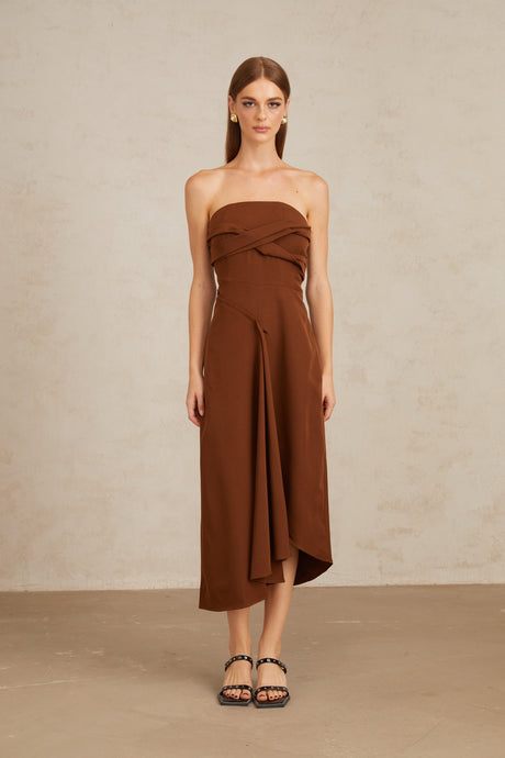 Aurohaya Kyliegh Brown Asymmetrical Off-Shoulder Midi Dress