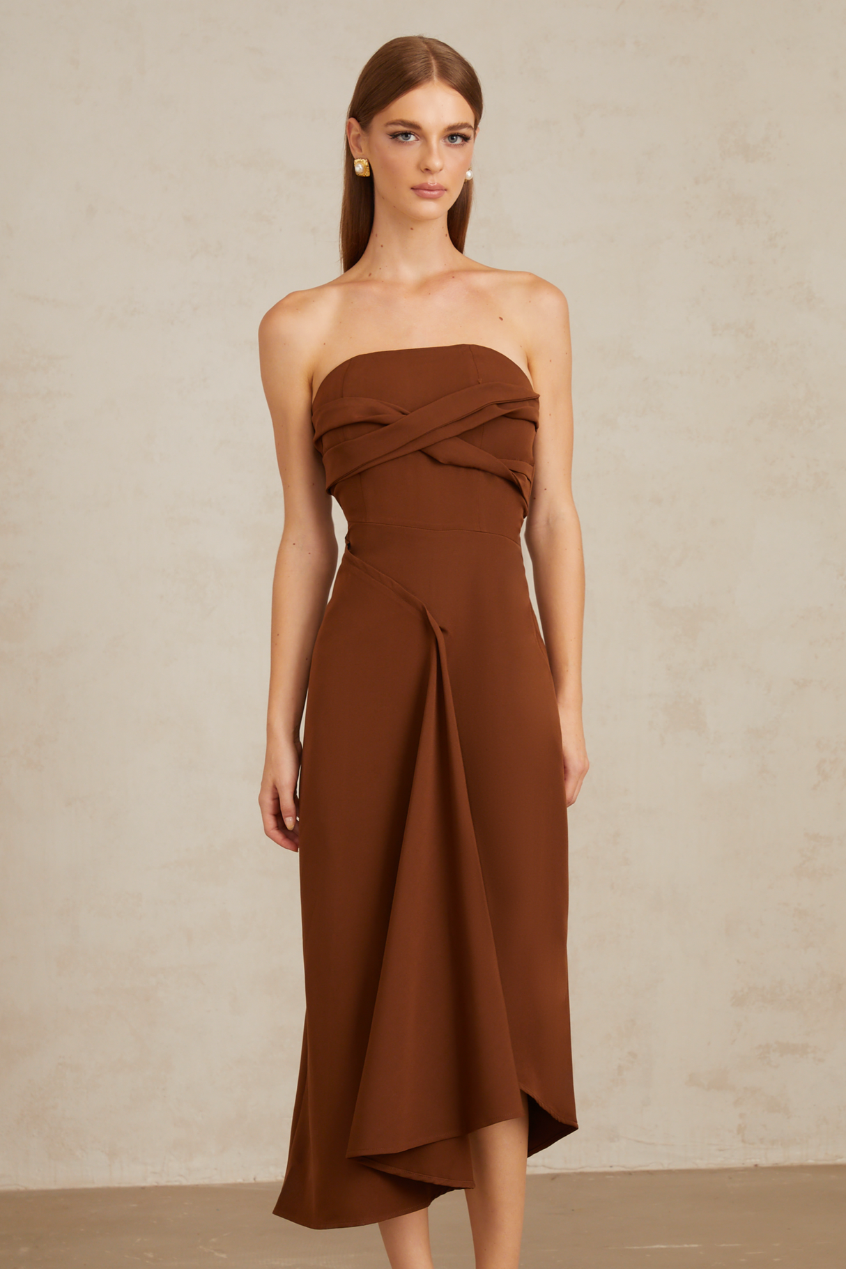 Aurohaya Kyliegh Brown Asymmetrical Off-Shoulder Midi Dress