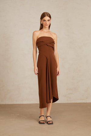 Aurohaya Kyliegh Brown Asymmetrical Off-Shoulder Midi Dress