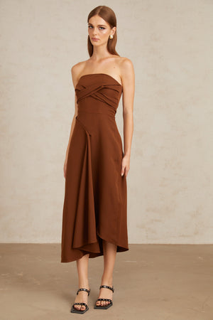 Aurohaya Kyliegh Brown Asymmetrical Off-Shoulder Midi Dress