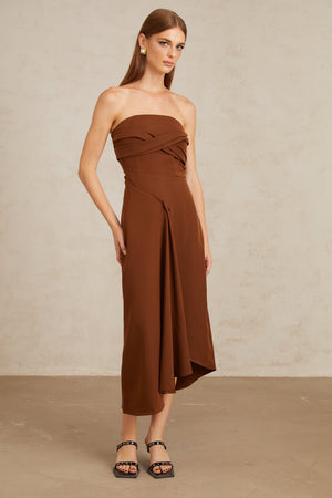 Aurohaya Kyliegh Brown Asymmetrical Off-Shoulder Midi Dress