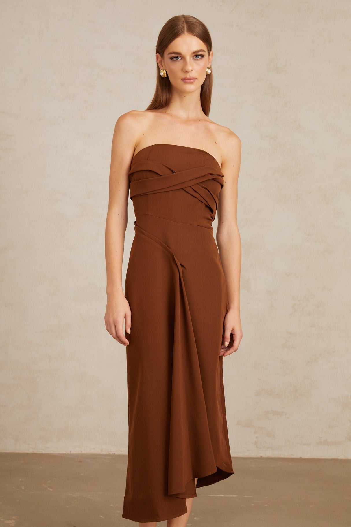 Aurohaya Kyliegh Brown Asymmetrical Off-Shoulder Midi Dress