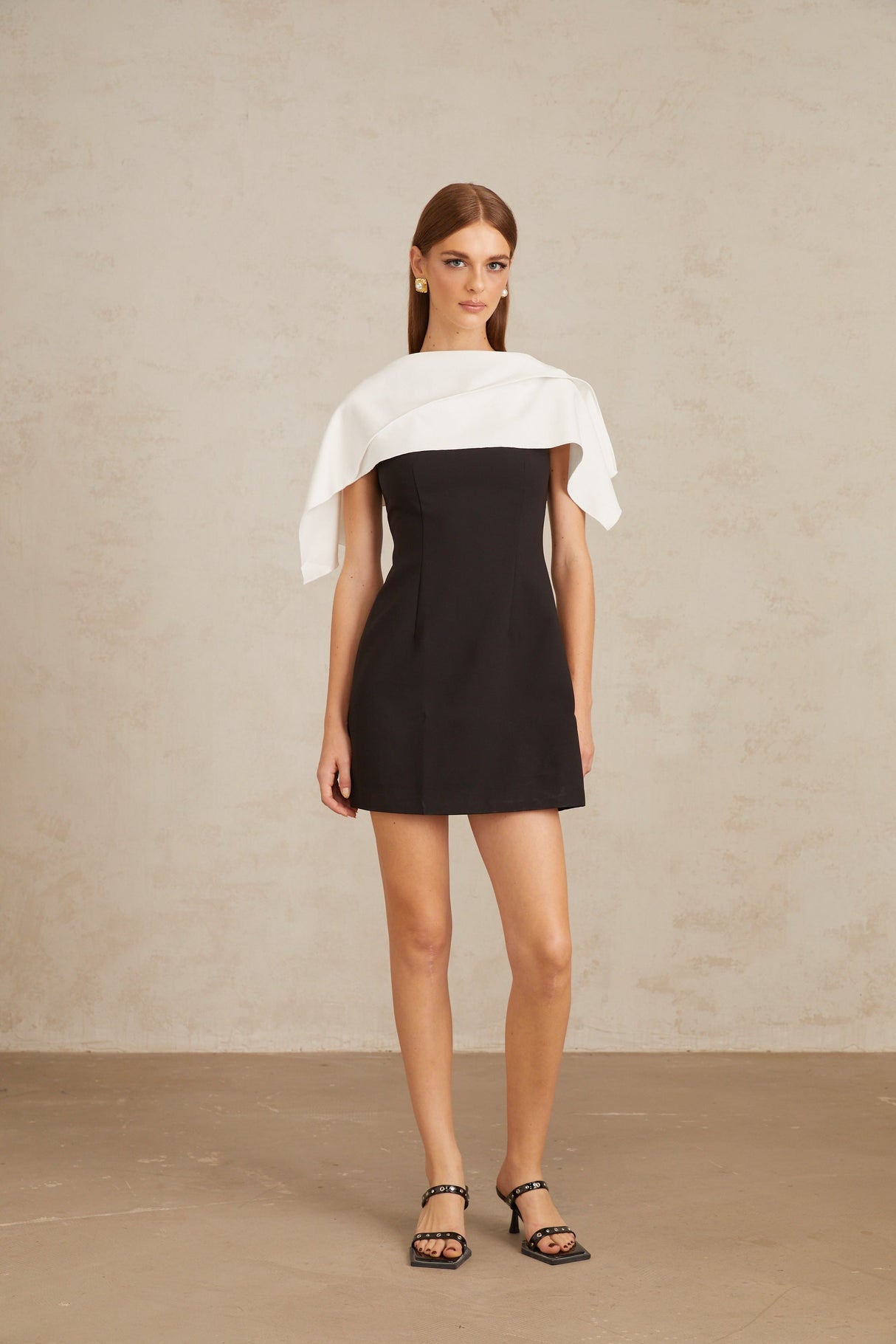 Aurohaya Constance Black A-Line Mini Dress with Cape Detail