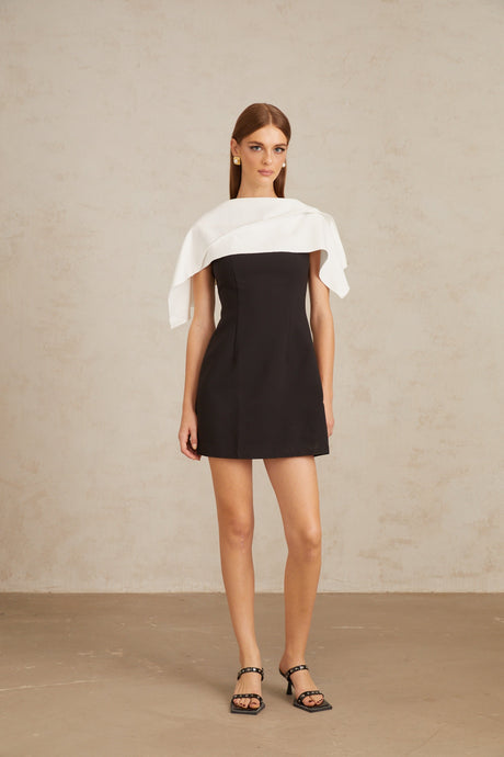 Aurohaya Constance Black A-Line Mini Dress with Cape Detail