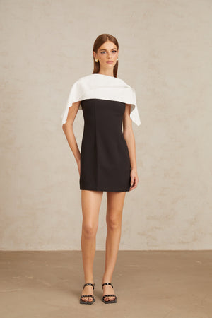 Aurohaya Constance Black A-Line Mini Dress with Cape Detail