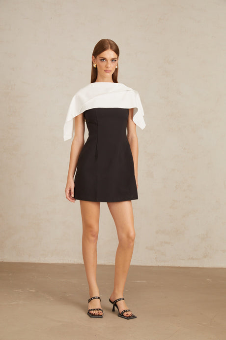 Aurohaya Constance Black A-Line Mini Dress with Cape Detail
