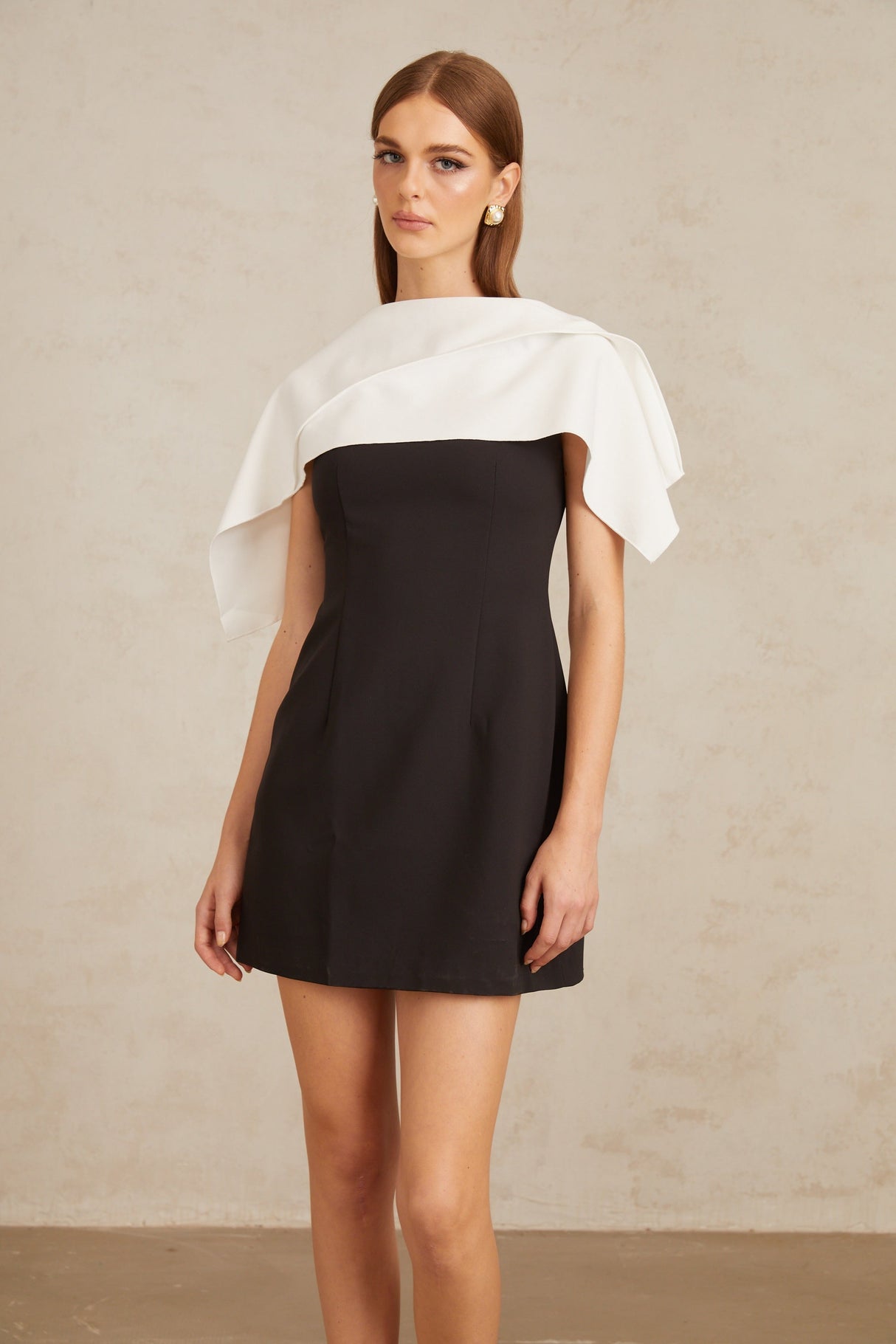 Aurohaya Constance Black A-Line Mini Dress with Cape Detail