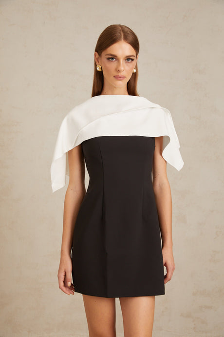 Aurohaya Constance Black A-Line Mini Dress with Cape Detail