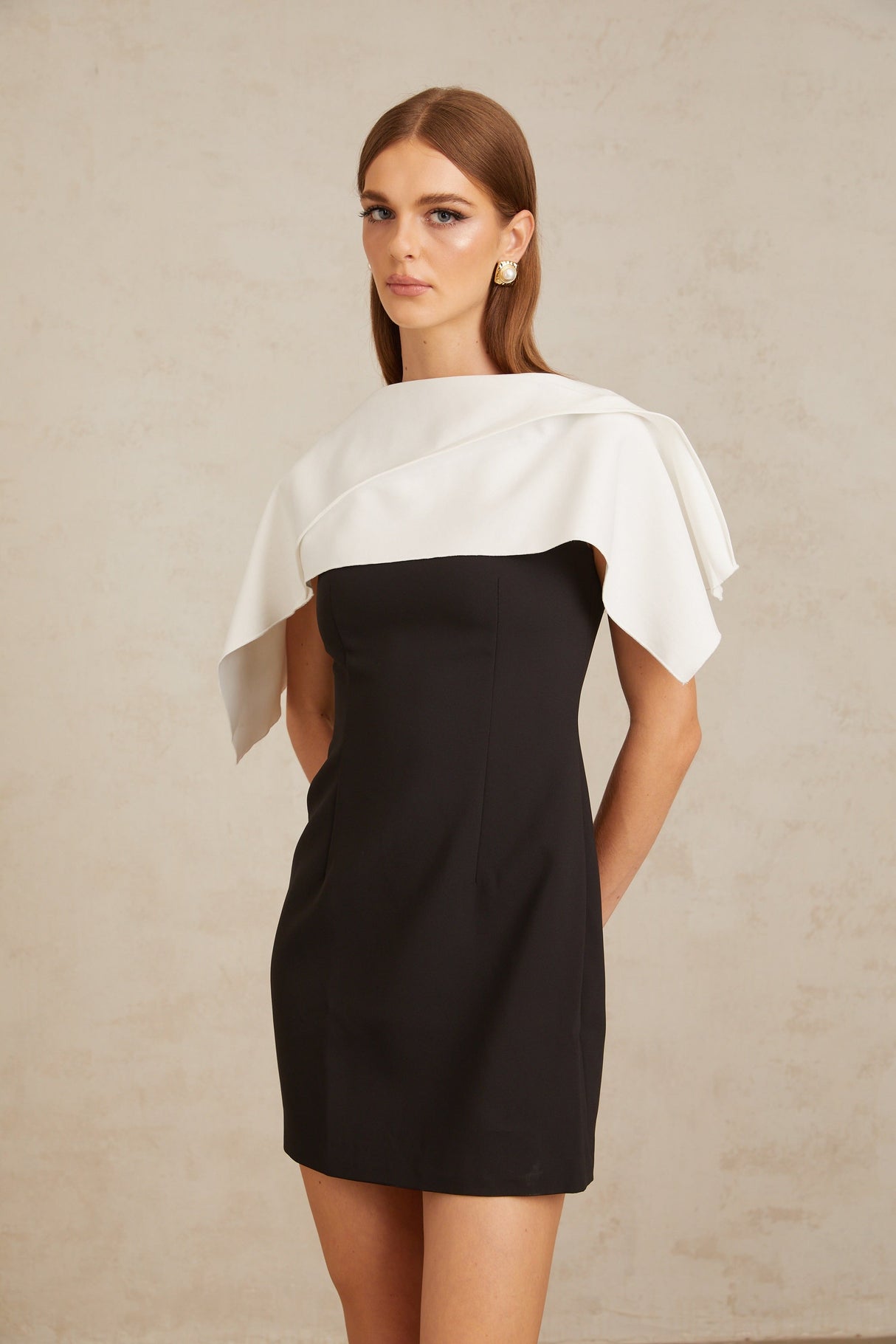 Aurohaya Constance Black A-Line Mini Dress with Cape Detail
