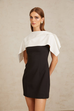 Aurohaya Constance Black A-Line Mini Dress with Cape Detail