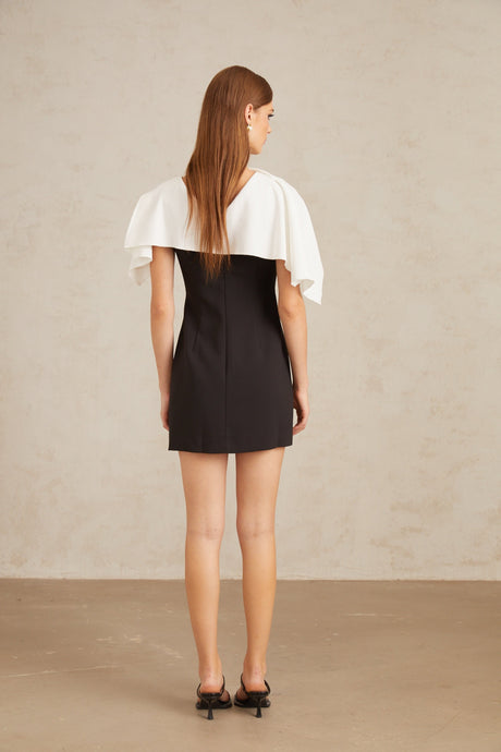 Aurohaya Constance Black A-Line Mini Dress with Cape Detail