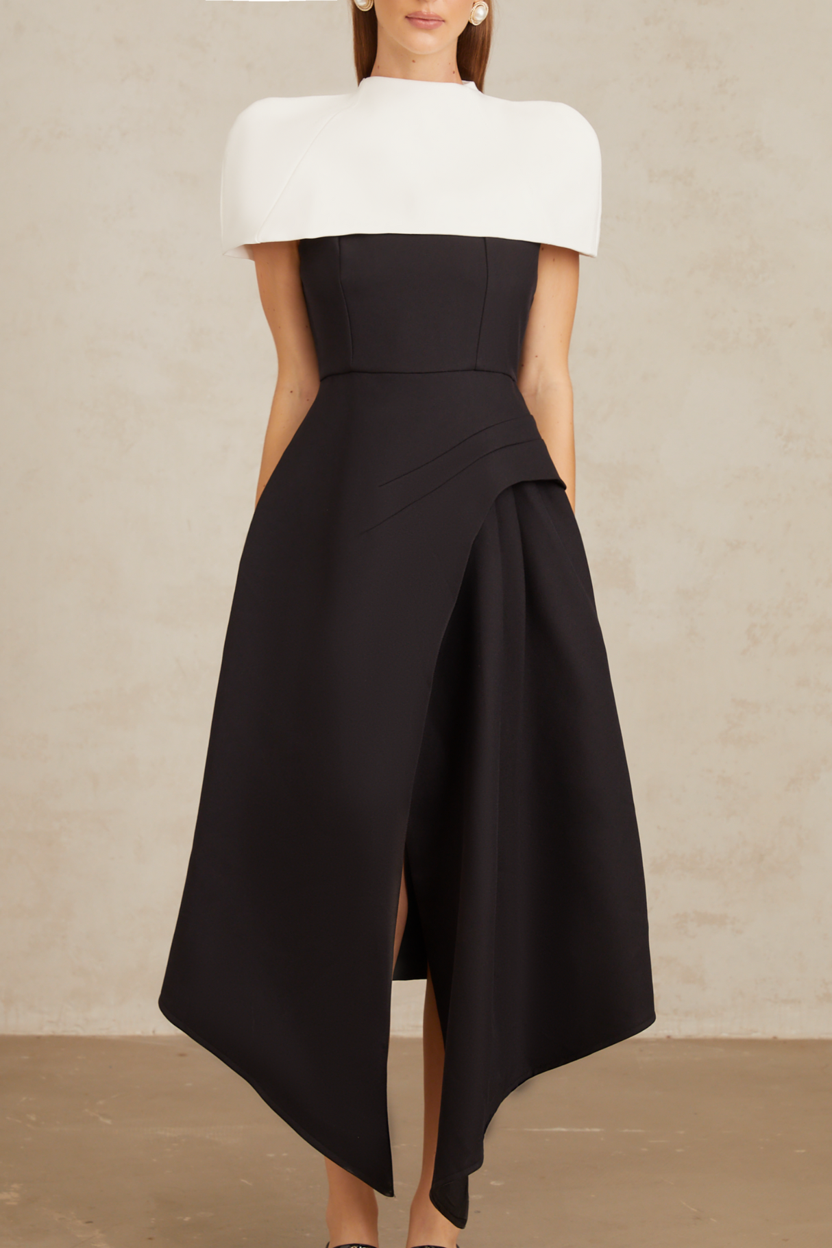 Aurohaya Fabienne Color Block Midi Dress with Shawl Detail
