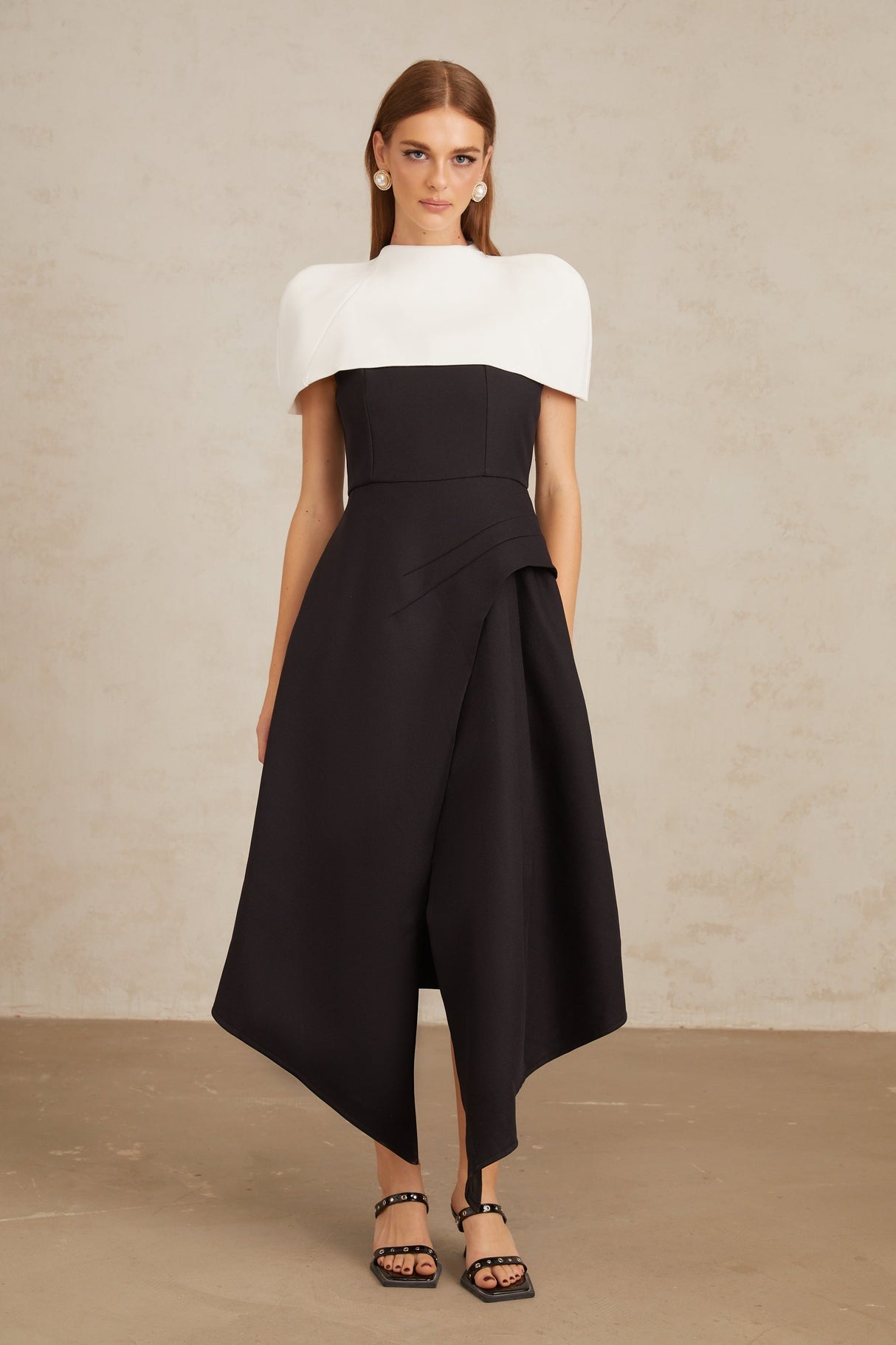 Aurohaya Fabienne Color Block Midi Dress with Shawl Detail