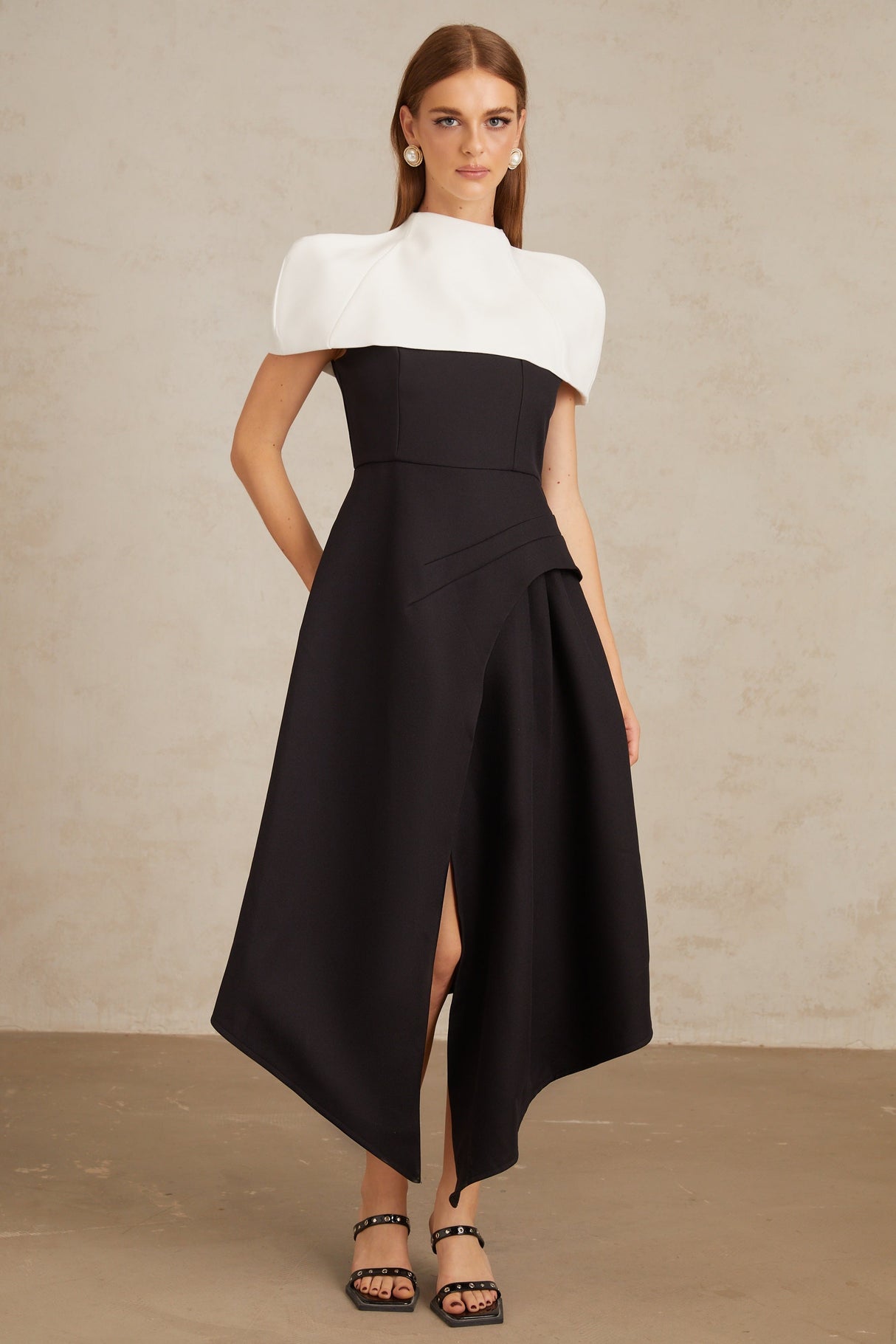 Aurohaya Fabienne Color Block Midi Dress with Shawl Detail