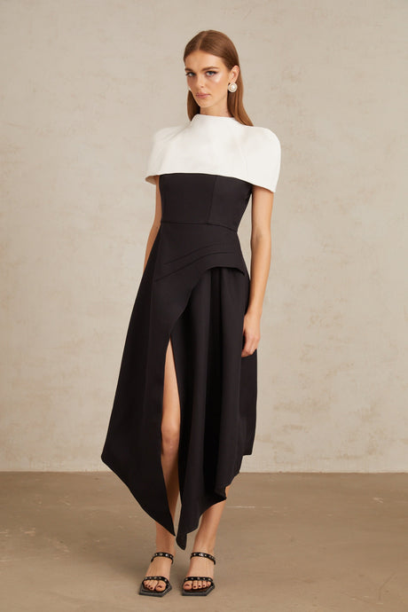 Aurohaya Fabienne Color Block Midi Dress with Shawl Detail