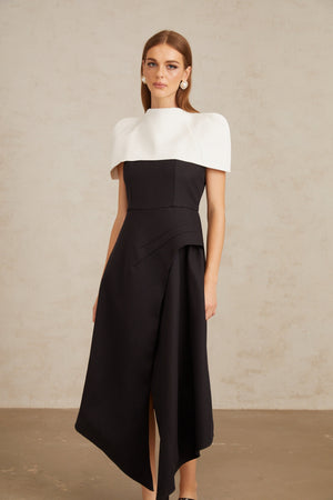 Aurohaya Fabienne Color Block Midi Dress with Shawl Detail