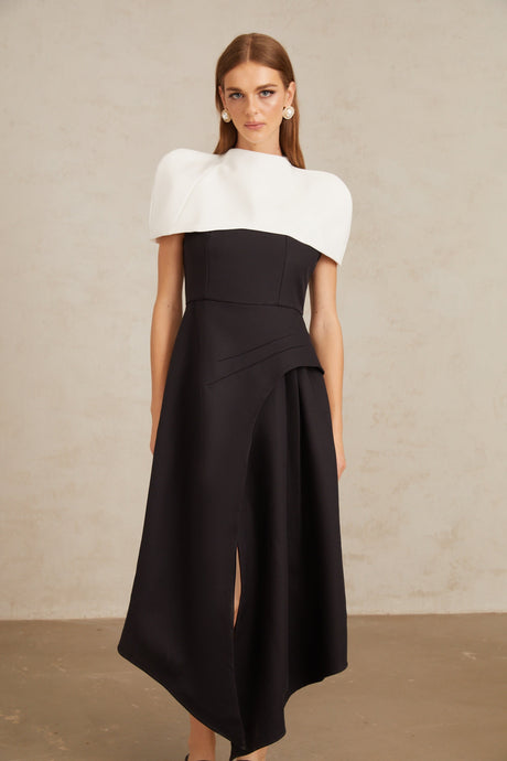 Aurohaya Fabienne Color Block Midi Dress with Shawl Detail