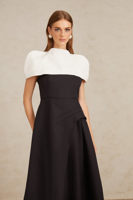 Aurohaya Fabienne Color Block Midi Dress with Shawl Detail