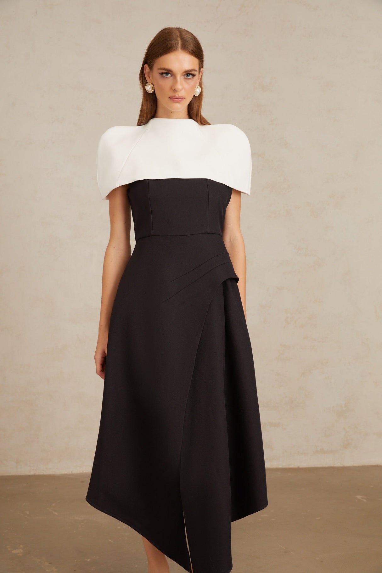 Aurohaya Fabienne Color Block Midi Dress with Shawl Detail